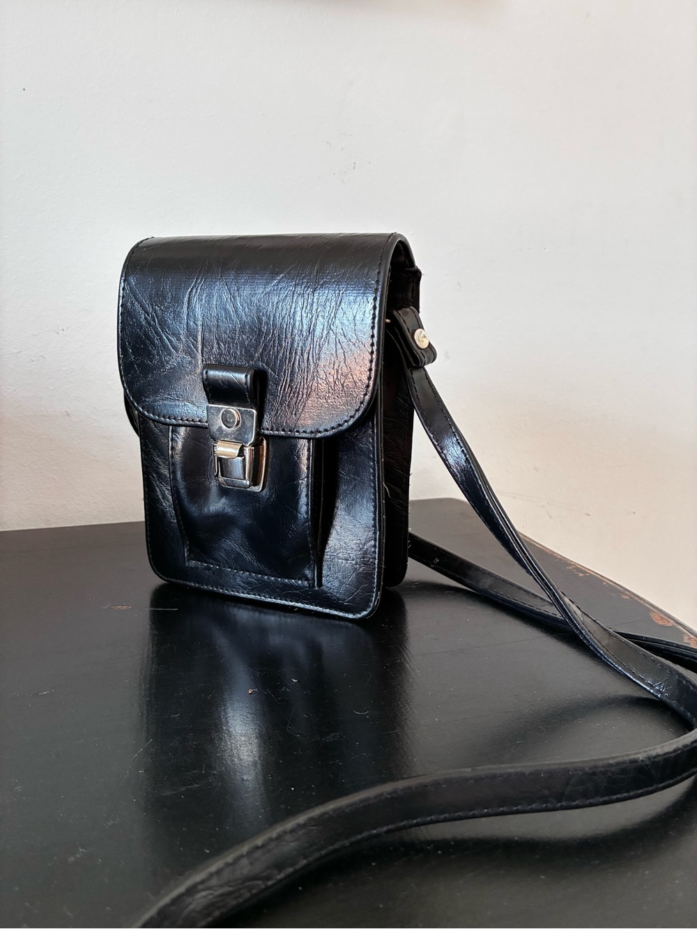 Vintage Black Leather MINI Crossbody Bag with Clasp